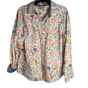 St Johns‎ Bay Cotton Long Sleeve Contrast Cuff White Floral Button Front Sz XL